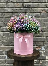 Цветочная композиция из Гипсофила и Розы в шляпной коробке в Минусинске