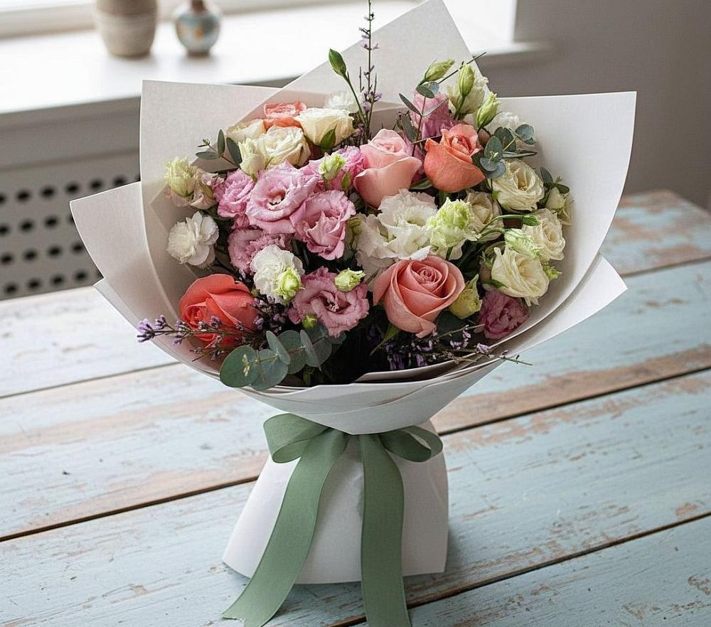 Букет далекие берега в Минусинске Букет цветов из: Розы, Лизиантусы и Гвоздики в Минусинске