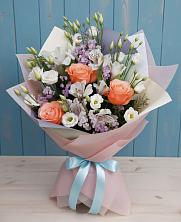 Букет Утренняя свежесть в Минусинске Букет цветов из:  Лизиантусы, Розы, Альстромерии и Гипсофила в Минусинске