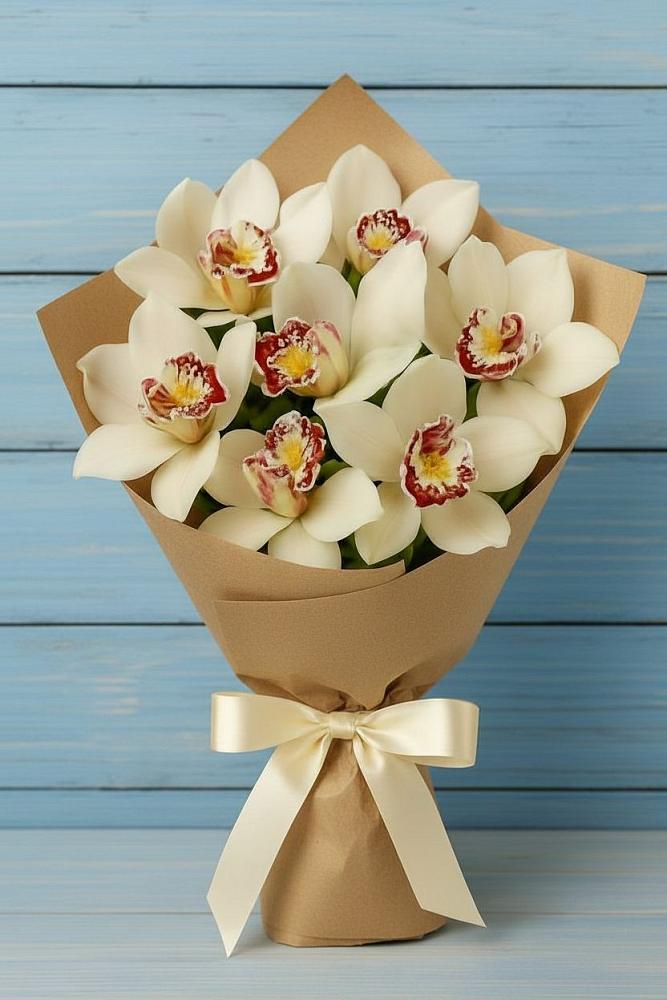 Букет 7 белых орхидей в Минусинске Букет цветов из: Орхидеи и Розы в Минусинске