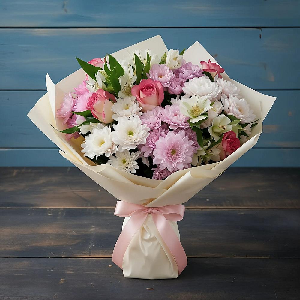 Букет Розовое очарование в Минусинске Букет цветов из: Хризантемы, Альстромерии и Розы в Минусинске